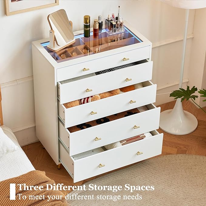 5 Drawer Dresser for Bedroom, 30.7" W x 38" H Tall Tempered Glass Top Dresser