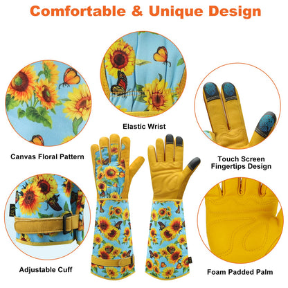 DLY Gardening-Gloves-for-Women, Thorn-Proof Long-Leather Garden Gloves, Rose/Blackberry Pruning Heavy Duty Gardening Work Gauntlet with Forearm Protection - Medium