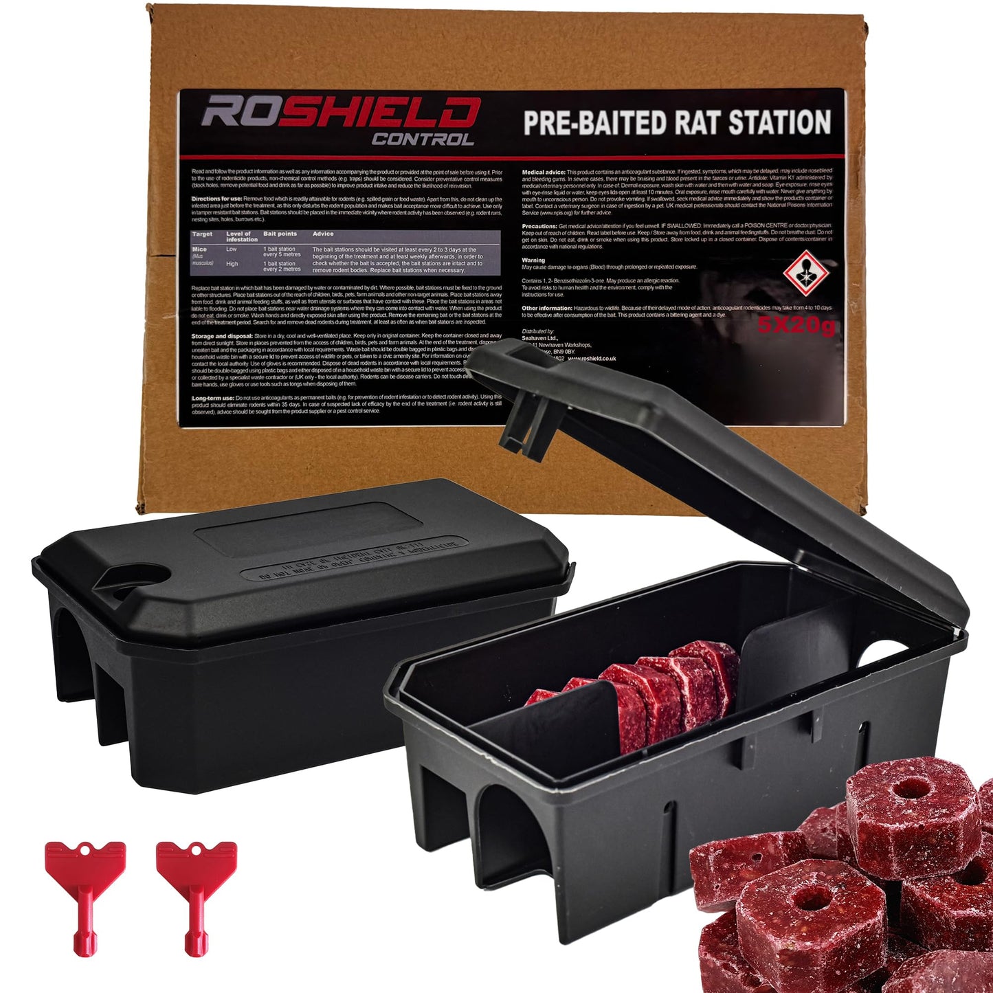 ROSHIELD - 2X PRE-BAITED Anti Rat Solution Kit | Pre Bait Boxes | indoor/Outdoor Fast & Safe Infestation Control | Rat Poisoning Super Strength | Rodent Poisoning | READY -TO USE, 2 Pack