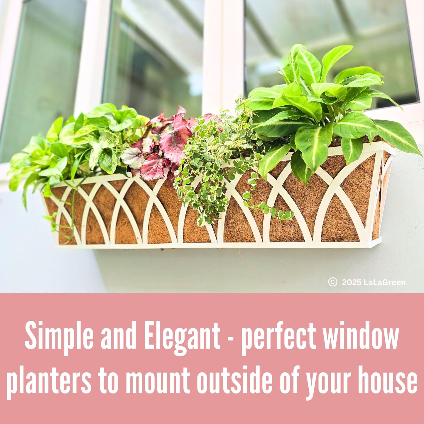 LaLaGreen Wall Planter Outdoor (48 inch, 2 Pack) White Metal Rectangular Hanging Flower Box Planters with Coco Liner Window Boxes Basket Plant Holder Horse Trough Deck Rail Railing Patio Porch Balcony