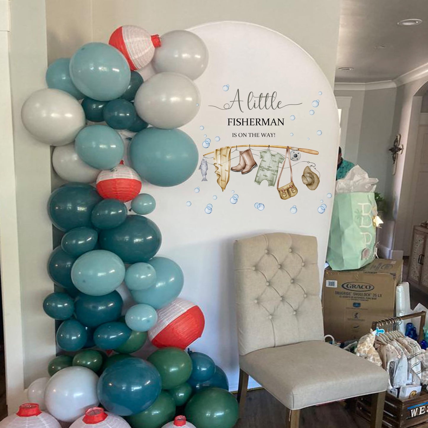 Capiont A Little Fisherman is on The Way Decal -Fishing Baby Shower Decorations,Gone Fishing Baby Shower Party Balloon Arch Stickers for Boys