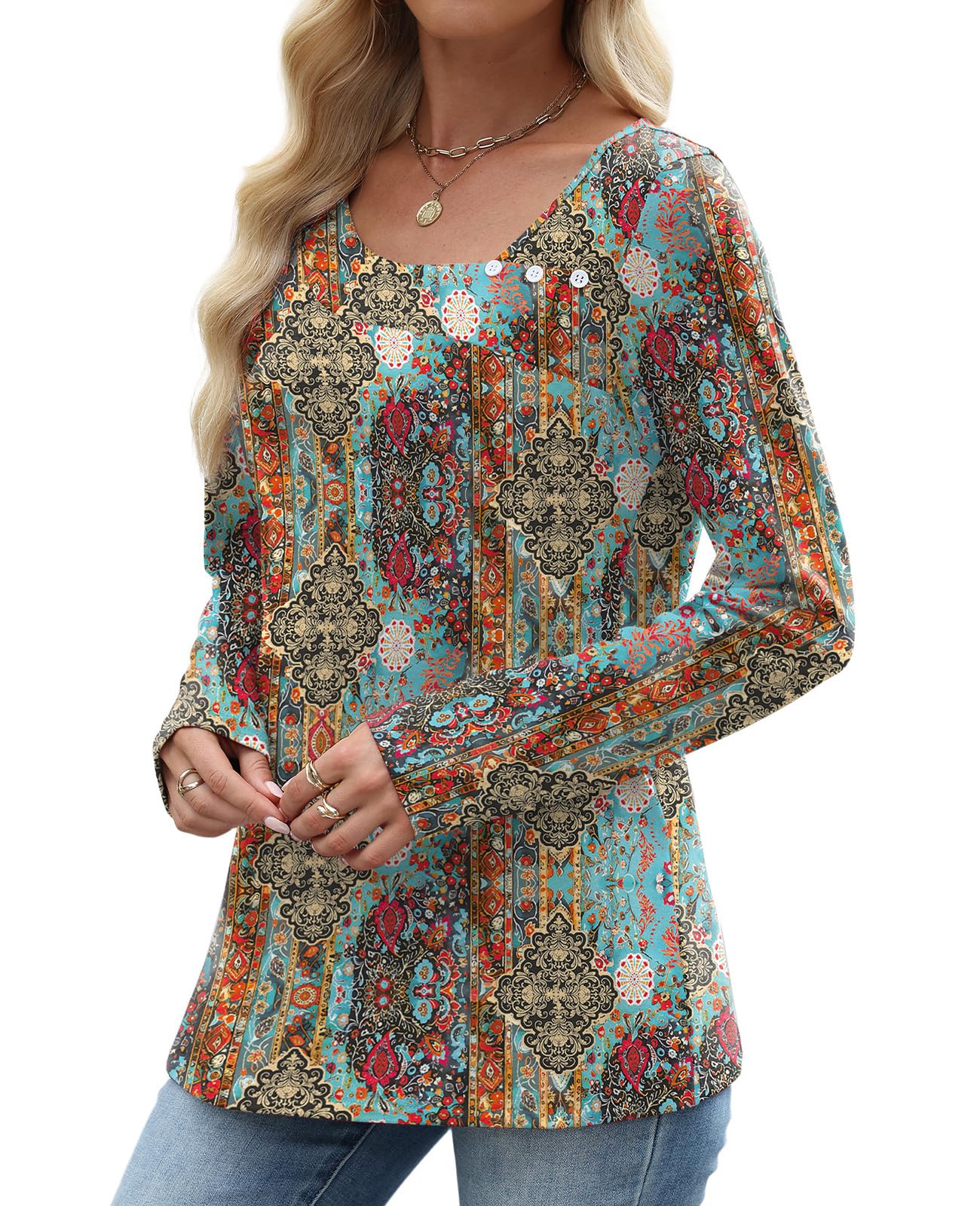 OFEEFAN Long Sleeve Shirts for Women Fall Clothes Asymmetric Square Neck Tunic Tops Decorative Buttons