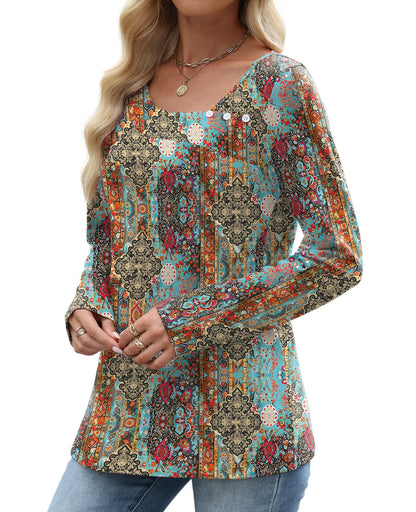 OFEEFAN Long Sleeve Shirts for Women Fall Clothes Asymmetric Square Neck Tunic Tops Decorative Buttons
