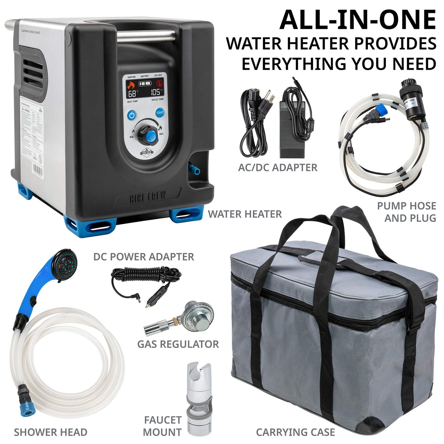 Hike Crew Portable Propane Water Heater & Shower Pump w/Built-in Battery | Compact Outdoor Cleaning & Showering System w/LCD, Safety Shutoff & Carry Case, Instant Hot Water for Camping & Hiking
