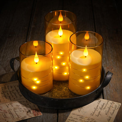 Kiexung Flashing Flameless Candles with String Light, Battery Powered Candle, Recessed String LED Candles, Indestructible Plexiglass Candle with Remote Control, Set of 3, Amber