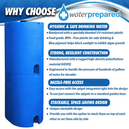 WaterPrepared 4 Pack Water Tank, Rain Barrel Storage, Stackable Drum, 55 Gallon