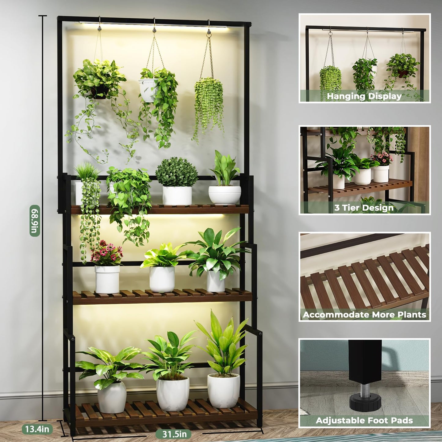 Nedechom Hanging Plant Stand with Grow Light, 3 Tier Metal Plant Stand for Indoor Plants Multiple, Large Plant Shelf Display Holder, Ladder Shape Plant Rack for Living Room, Patio, Balcony