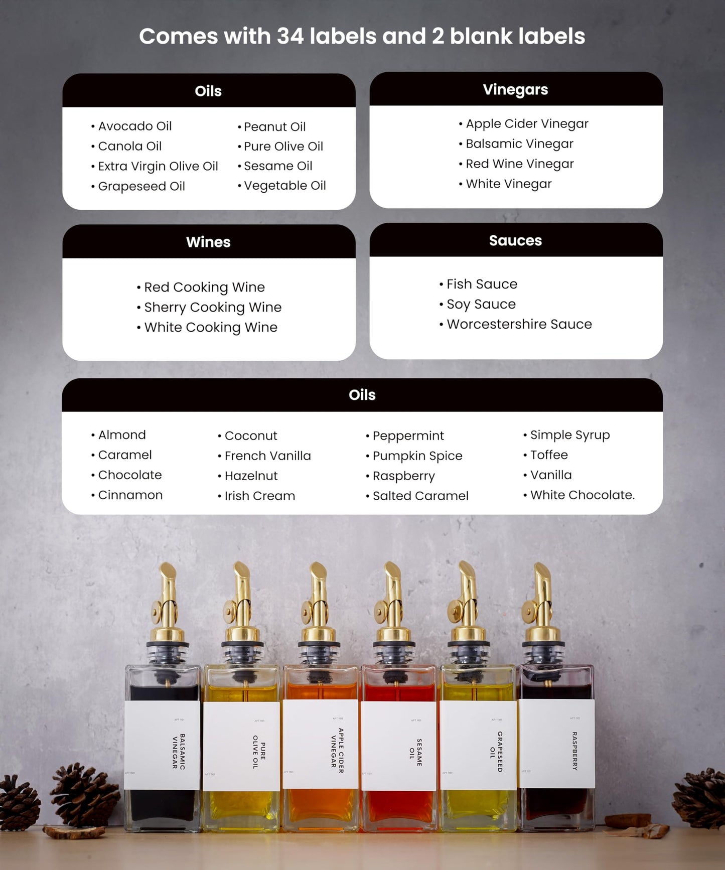 APT 1101 Olive Oil Dispenser for Kitchen, Cooking Oil and Vinegar Dispenser Set, Olive Oil Bottle, Soy sauce dispenser, coffee syrup bottles with stainless steel pourers - 4 pcs, Black (Black)