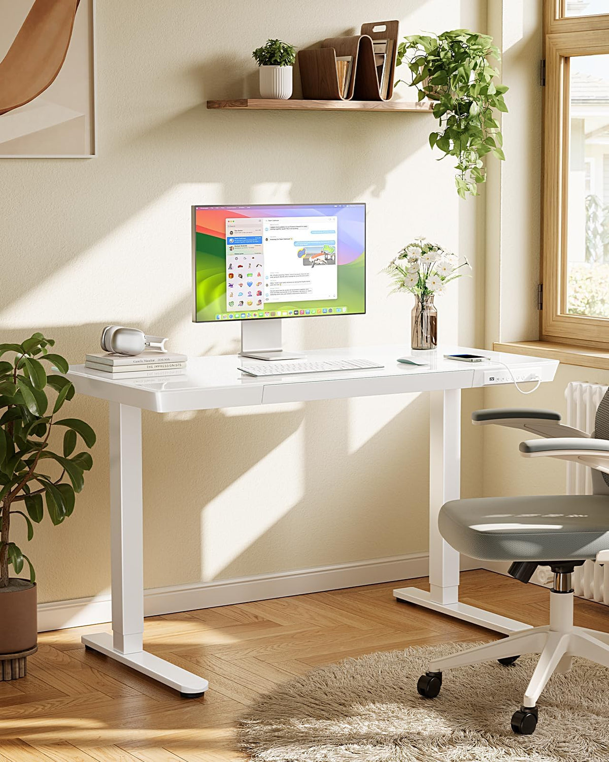 Marsail Glass Standing Desk with Drawer, 48 x 24 inch Electric Standing Desk, Height Adjustable Desk with One-Piece Tabletop & USB Charging Ports, Sit Stand Desk with Storage for Home & Office White