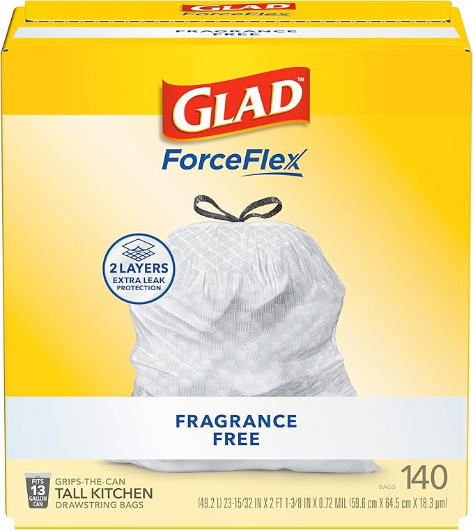 Glad ForceFlex Tall Kitchen Drawstring Trash Bags, 13 Gal, Fragrance Free