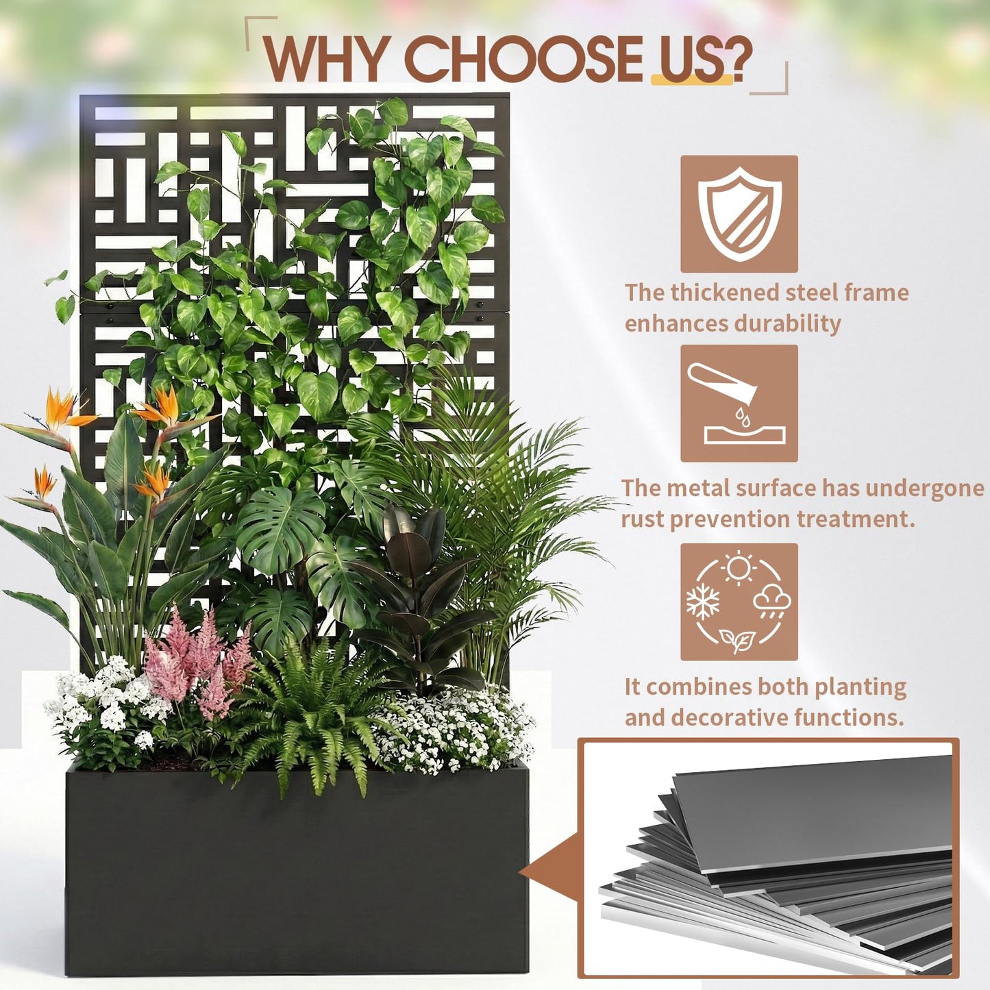 VINGLI 44" H Metal Raised Garden Bed with Trellis, Outdoor Planter Box for Climbing Vegetables, Fruits and Flowers, Privacy Screen, for Backyard, Patio, Balcony, Black (Rectangle)