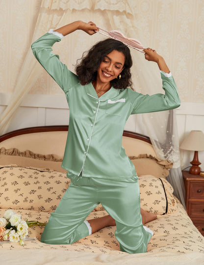 Ekouaer Satin Pajamas for Women Silk Long Sleeve Sleepwear Button Down Loungewear 2 Pieces Lace Soft Pjs Set
