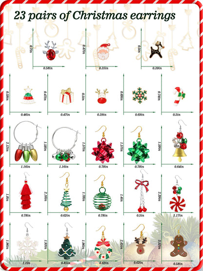 23 Pairs Christmas Earrings for Women Xmas Holiday Dangle Earrings Christmas Stud Tree Snowflake Bow Bells Light Earrings Bulk Cute Christmas Party Jewelry Gifts