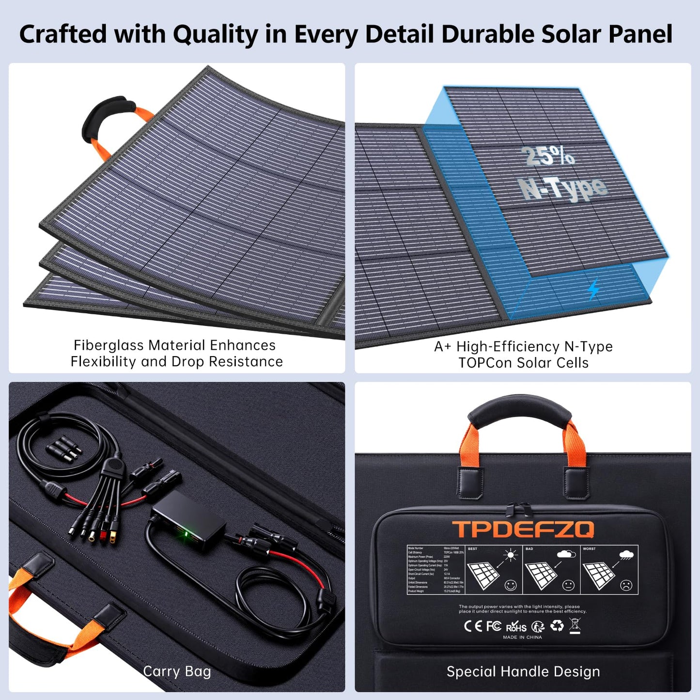 TPDEFZQ 220W Portable Solar Panel 20V 25% High Efficiency N-Type Solar Cell, with 4 Adjustable Kickstand, IP68 Waterproof,Foldable Solar Panel for Camping RV Off Grid Backup