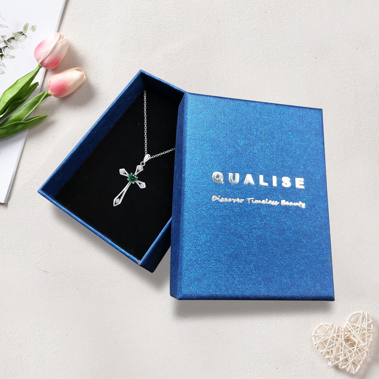 Cross Necklace for Women ,925 Sterling Silver Emerald-May Birthstone Necklace Cross Pendant 5A CZ 12 Birth Months Faith Religious Fine Jewelry Valentines Birthday Holiday Gifts for Her Wife Mom