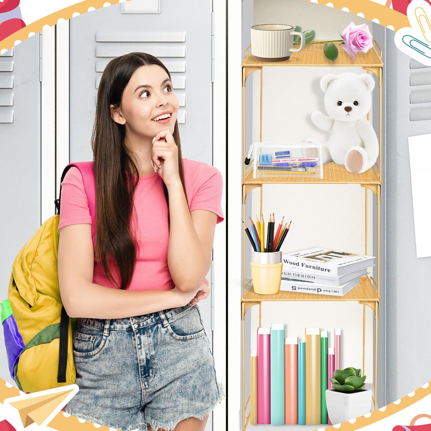 Demonwer Locker Organizer Shelf Gold Stackable Extra Locker Shelf Storage Cabinet Accessories for School Office Home Gym Supplies