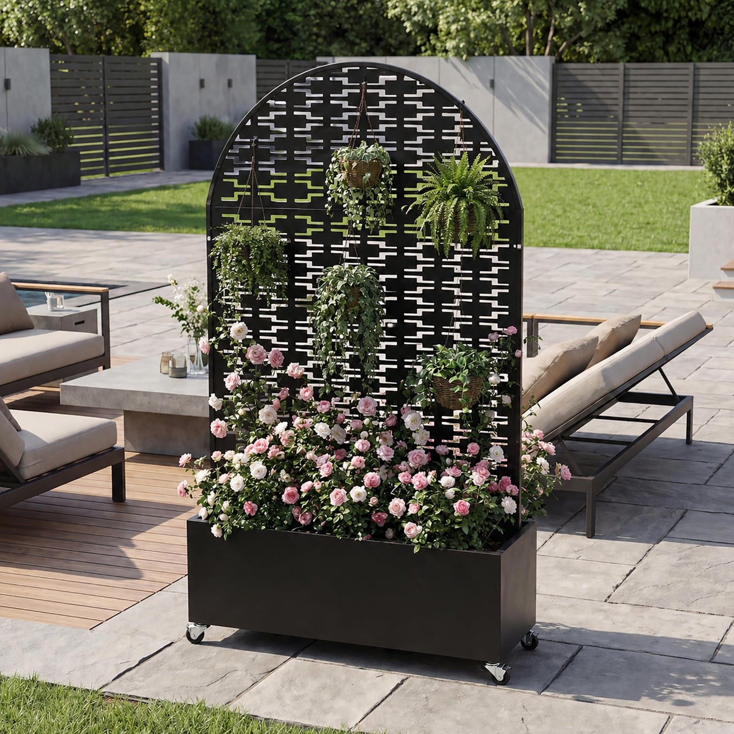 Veemuaro Metal Planter Box with Trellis, 70" H × 46" L Freestanding Outdoor Raised Garden Bed with Privacy Screen, Wheels and Drainage Holes, Arched Privacy Screen Planter Box for Backyard and Garden