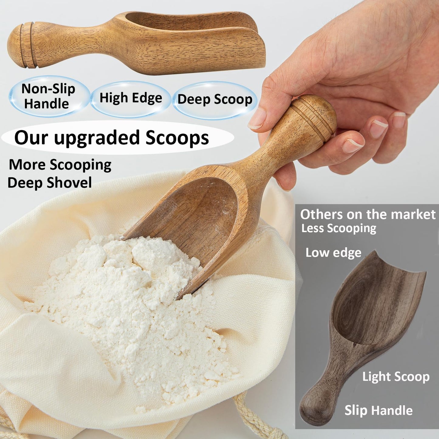 Large Wooden Scoops 5.9″ Big Wooden Coffee Scoops Shovel, 2PCS Wood Flour Scoop for Jars, Acacia Measuring Spoons Ground Coffee for Tea - Multifunctional Kitchen Scoop for Bath Salts,Laundry
