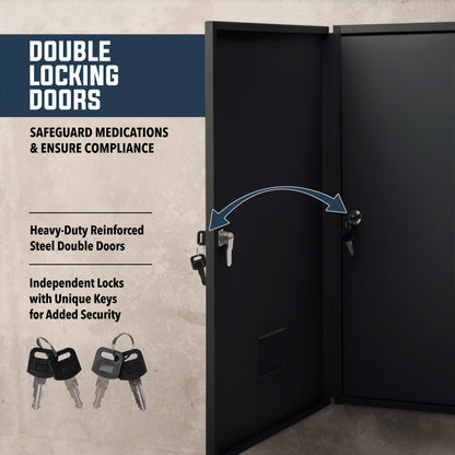 Durabox 2-Door Narcotics Cabinet - Double Door & Dual Key Lock Steel Cabinet for Safe Storage of Medicine, Prescription Drugs, Medical Supplies and More, 16"W x 24"H x 7-3/4"D (Black, Large)