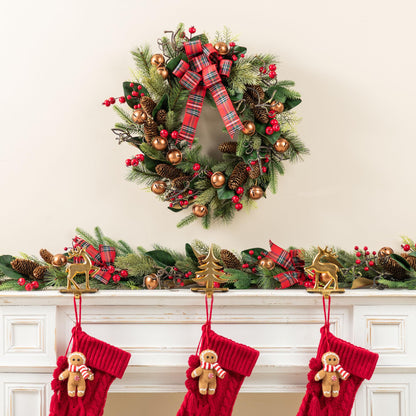 Glitzhome 6FT Christmas Garland with Bells, Pinecones, Berries and Bow Pre-Decorated Artificial Pine Greenery Decoration for Indoor, Fireplace Mantel, Staircase Banister