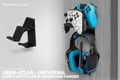 The UberAtlas Dual Game Controller & Headphone Stand Wall Mount Holder for Xbox ONE, Series X, PS5, PS4, PS3, Switch, STEELSERIES Gamepad & More, Stay Organized No Screws, by Brainwavz (Two Pack)