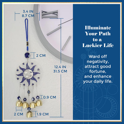 LUCKBOOSTIUM Sun, Moon & Star Ornament with Hanging Evil Eye and Bell - Protection, Blessing & Strength for Car Rear View Mirror, Home, Office Decor - Evil Eye Charm, Bell Car Mirror Hanging