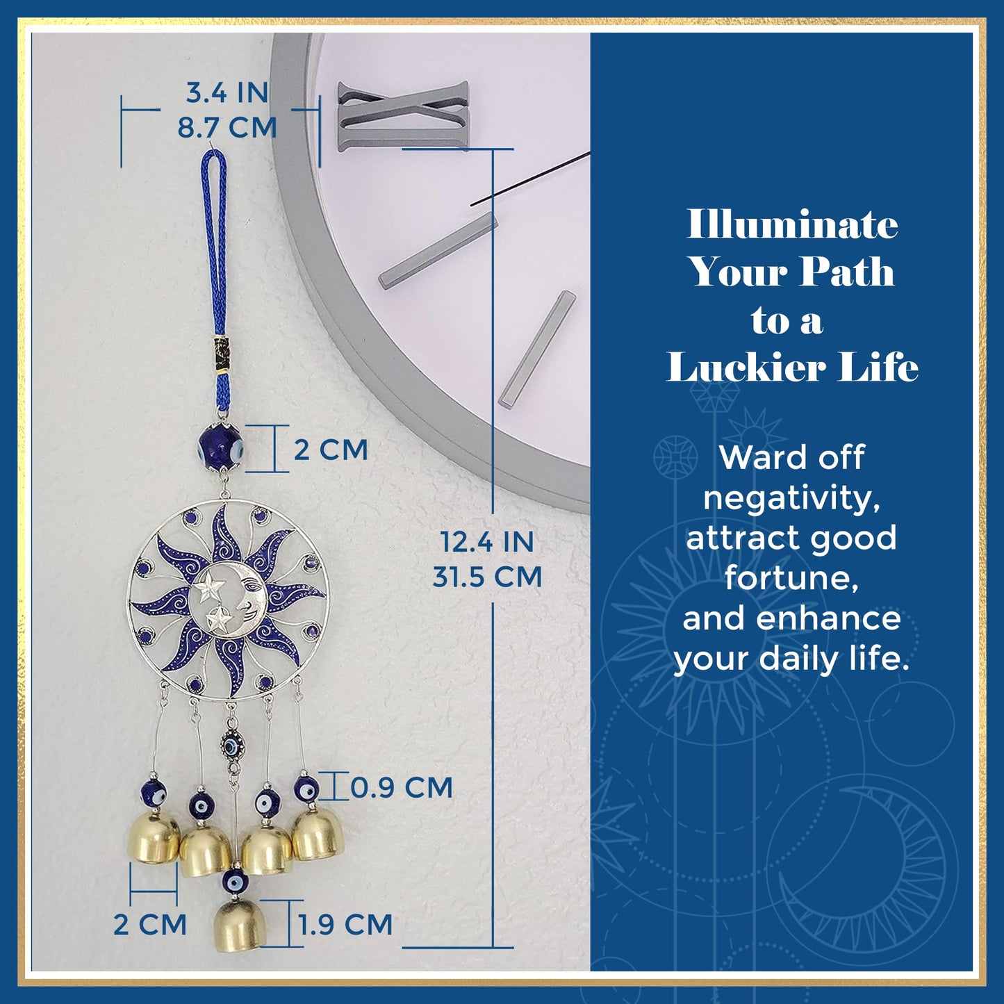 LUCKBOOSTIUM Sun, Moon & Star Ornament with Hanging Evil Eye and Bell - Protection, Blessing & Strength for Car Rear View Mirror, Home, Office Decor - Evil Eye Charm, Bell Car Mirror Hanging