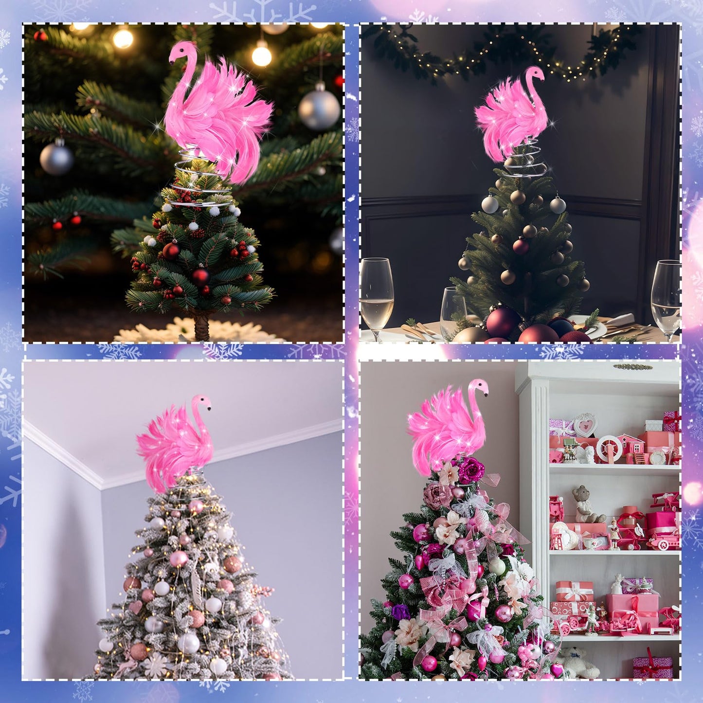 Gejoy 4 Inch Summer Pink Flamingo Mini Tree Topper with Artificial Fluffy Feather LED String Lights Light up Pink Flamingo Tropical Decorations for Small Christmas Tree Ornament Holiday Party Decor
