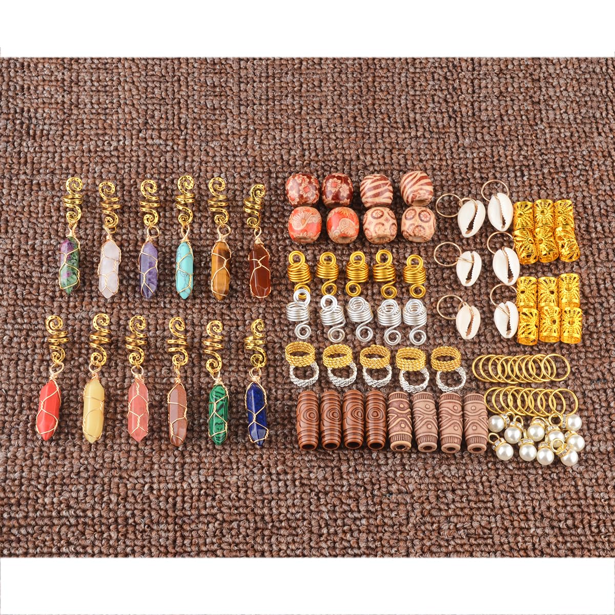 Modpion Hair Jewelry Crystal Dreadlock Accessories,Natura Stone for Hair Braids Charm Coils Rings Hair Cuffs Shells Imitation Hair Decoration