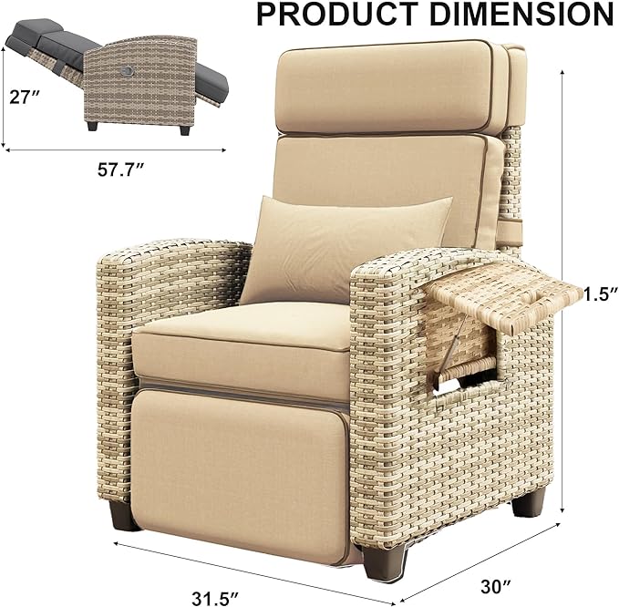 Garvee Outdoor Recliner Chair, 145° Adjustable Backrest & Footrest Lounge Chair with Removable Cushion and Flip-Up Side Table, All-Weather PE Wicker & Steel Frame for Poolside, Deck, Balcony, Khaki