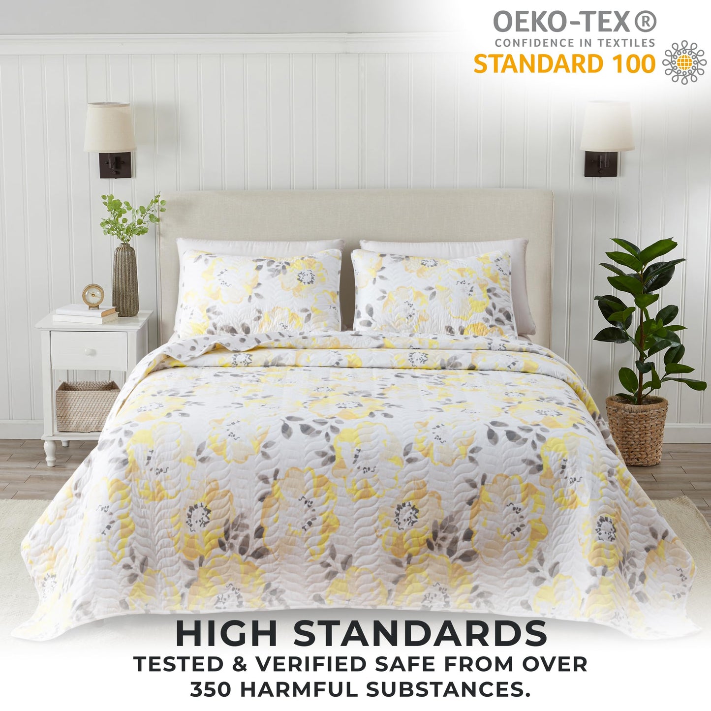 Great Bay Home Floral King Quilt Set with Shams, Yellow Floral Bedding Set, All-Season, Lightweight Bedspread. Reversible. Farmhouse Bedding. (King, Helene)