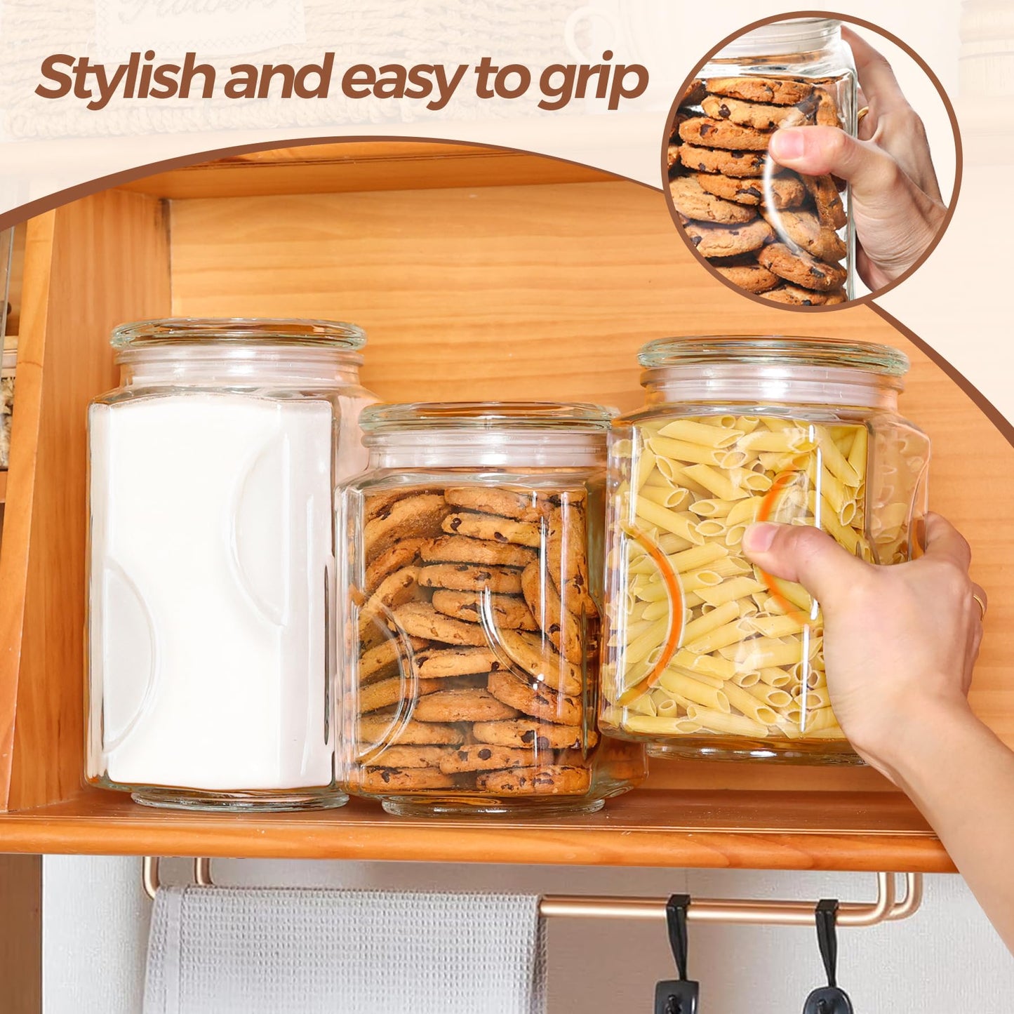 ComSaf 2 qt Glass Flour and Sugar Storage Containers Set of 2, Wide Mouth Half Gallon Square Airtight Pantry Jars with Lids, Thick Glass Kitchen Canisters for Cookies, Coffee, Snacks