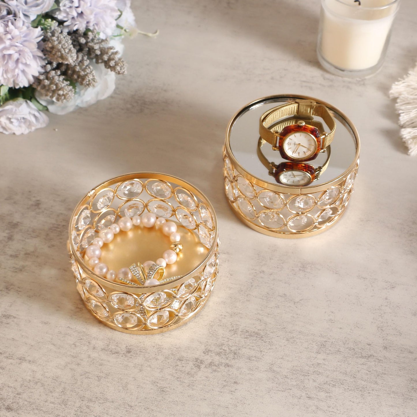 Feyarl Crystal Display Stand Riser with Mirror Base Perfume Jewelry Organizer Anime Figure Action Figure Display Stand Cupcake Dessert Holder for Vanity Wedding Home Decor (Gold)
