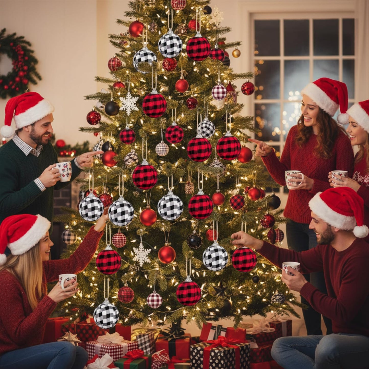 12 Pieces Christmas Buffalo Plaid Fabric Ball Ornament Decorative Plaid Ball Hanging Ornament for Christmas Farmhouse Decorations Supplies (White and Black, Red and Black)