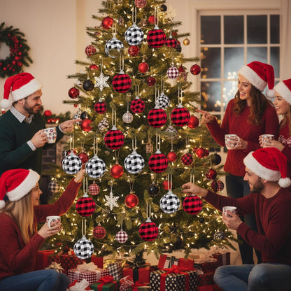 12 Pieces Christmas Buffalo Plaid Fabric Ball Ornament Decorative Plaid Ball Hanging Ornament for Christmas Farmhouse Decorations Supplies (White and Black, Red and Black)