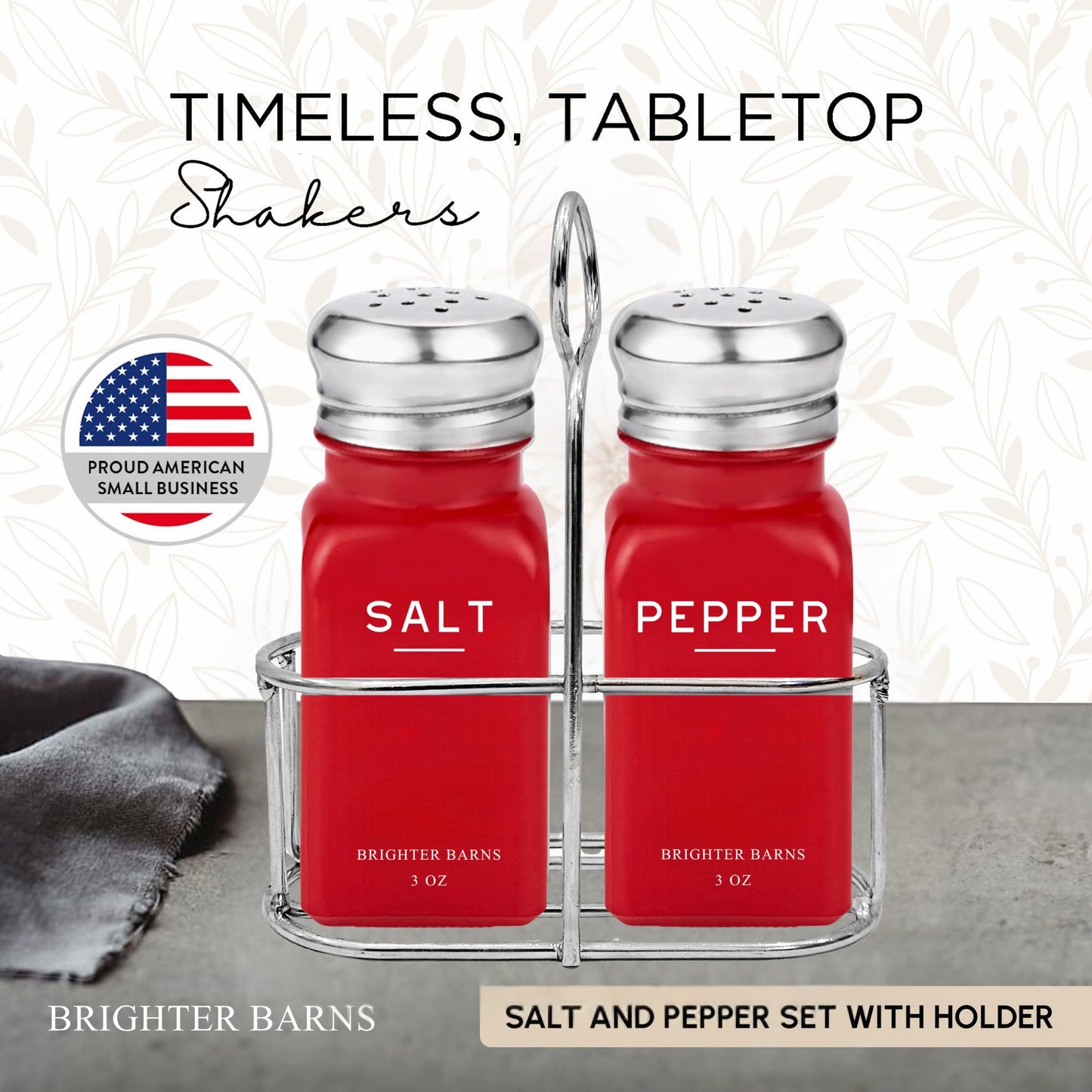 Red Salt and Pepper Shakers Set with Holder by Brighter Barns - Modern Kitchen Decor and Accessories, Dining Room Decor - Cute Salt Shaker with Caddy for Table Centerpiece, Restaurants, Gifts (Red)