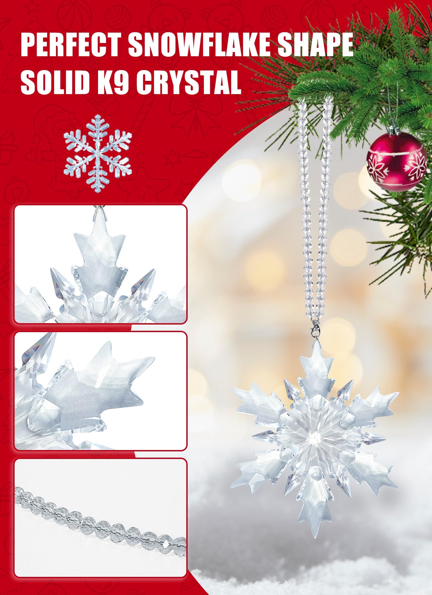 Crystal Snowflake Ornament, Clear Faceted Crystal Christmas Tree Ornament with Chain and Rayon Ribbons, Window Door Hanging Decor Gift, 2026, Clear-3