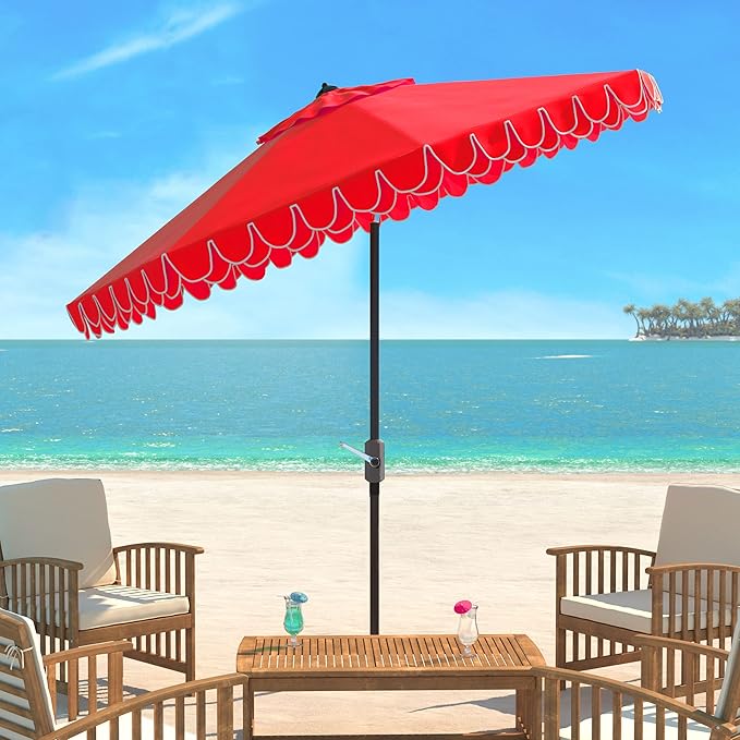 SAFAVIEH 9ft Outdoor Patio Umbrella, Round, Valance, Red & White Trim, Auto Crank Tilt, UV Resistant for Deck, Backyard, Poolside (PAT8006D)