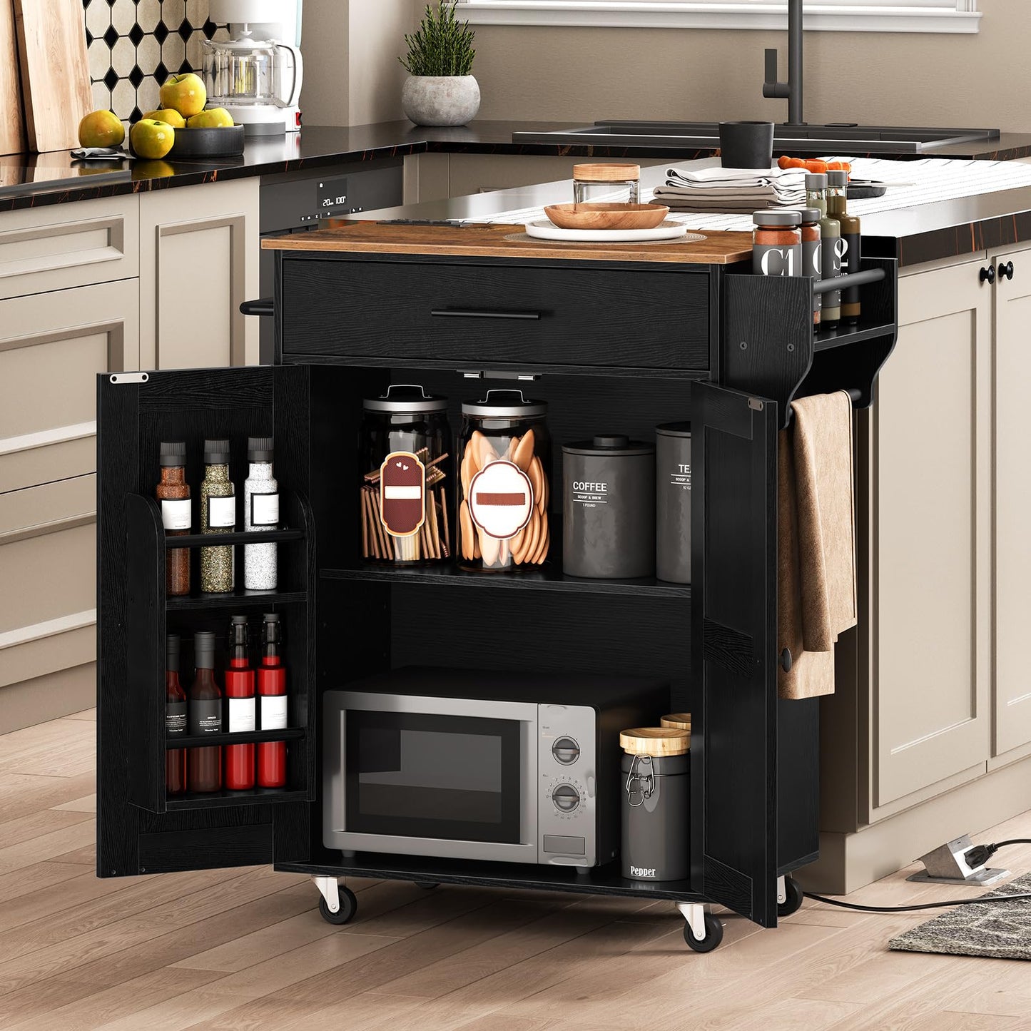 HOOBRO Kitchen Island with Power Outlet, Rolling Kitchen Island with Large Worktop, Kitchen Island Cart with Spice Rack and Drawer, Island Table for Dining Room, Rustic Brown and Black BF88UZD01