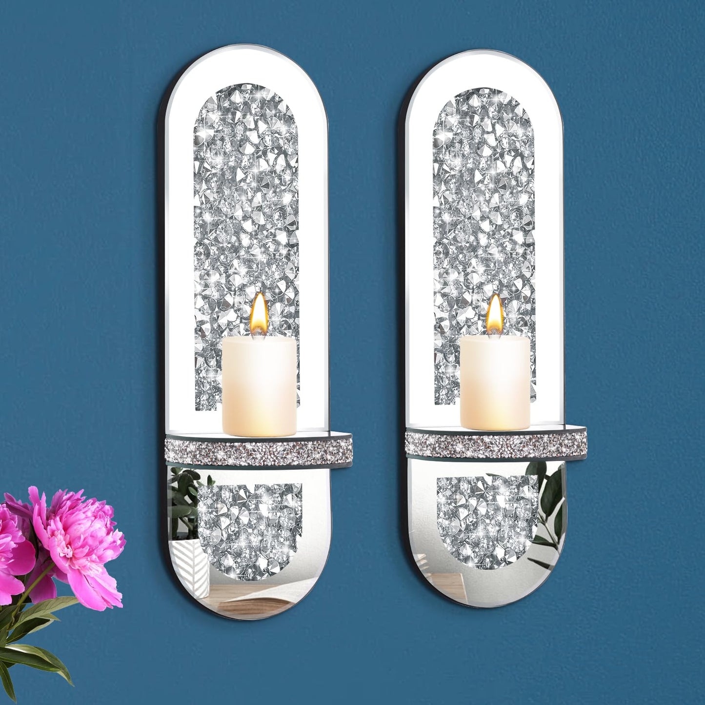 Crystal Crushed Diamond Mirrored Candle Sconces Set of 2, Glam Silver Wall Candle Holders for Living Room Bedroom Hallway Decor Large Wall Mounted Mirror Candle Holder with Sparkly Crystal Shelf