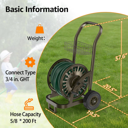 GOFORWILD Heavy Duty Steel Garden Hose Reel Cart with Wheels - Holds 200ft of 5/8 Hose, Storage Basket & Anti-Tip Design - Mobile Water Reel for Lawn, Yard, Garden