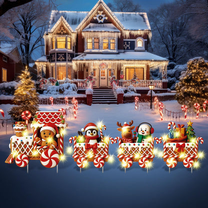 Marsui 4 Pcs Christmas Train Decoration Yard Sign with 4 LED Light Lawn Sign Christmas Red Gingerbread Penguin Snowman Train Set with 8 Stake for Xmas Garden Outdoor Holiday Party Decor