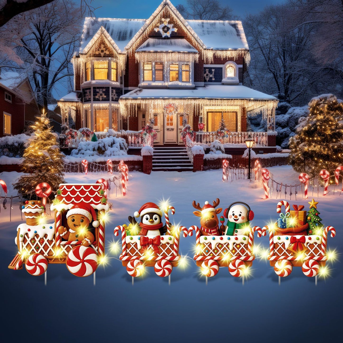 Marsui 4 Pcs Christmas Train Decoration Yard Sign with 4 LED Light Lawn Sign Christmas Red Gingerbread Penguin Snowman Train Set with 8 Stake for Xmas Garden Outdoor Holiday Party Decor