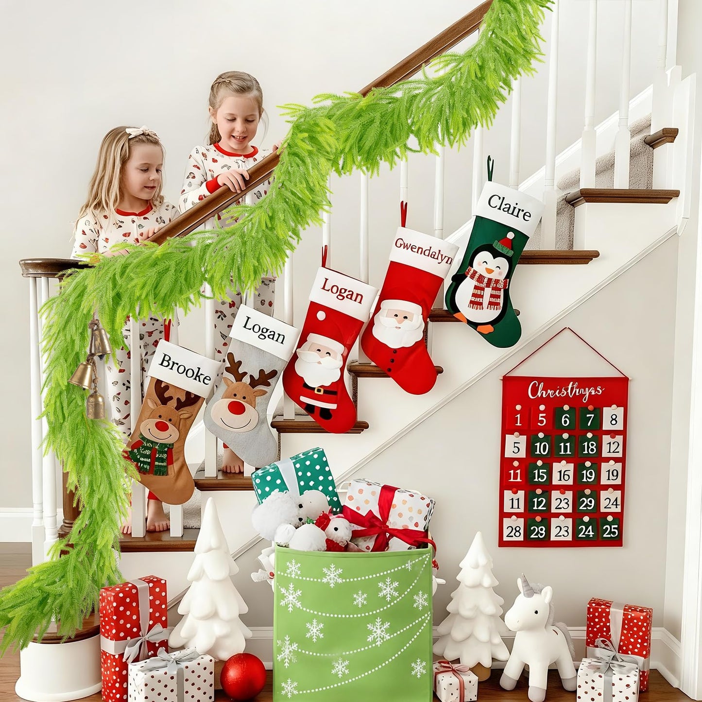 N&T NIETING Christmas Garland Norfolk Pine Garland Real Touch Artificial Christmas Lime Green Xmas Garland for Mantle,Table Holiday Fireplace Staircase Indoor Outdoor Christmas Decorations (9 FT)