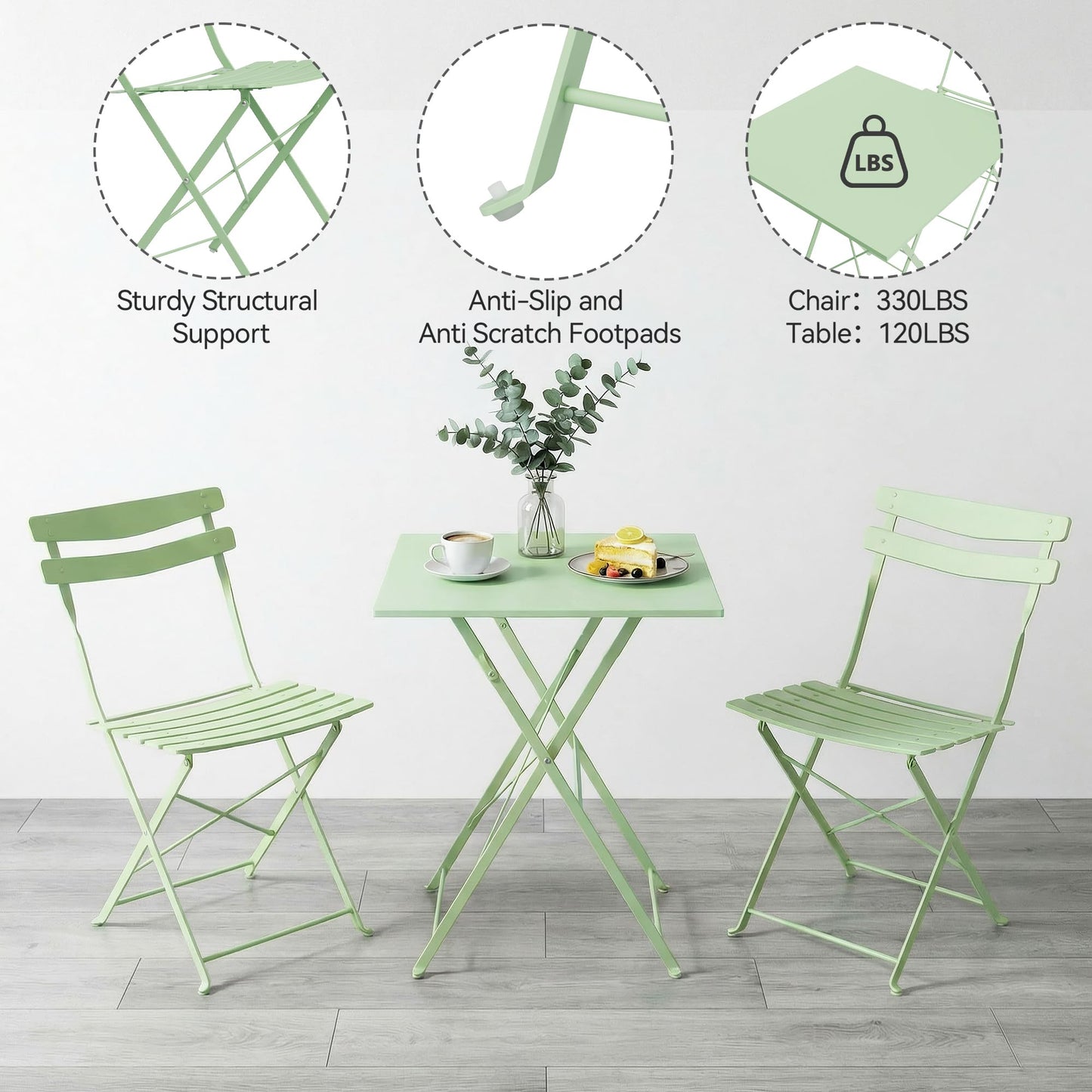 Garvee 3-Piece Patio Bistro Set – Metal Frame Folding Patio Furniture, Outdoor/Indoor Bistro Table and Chairs Set, No Assembly Needed, for Balcony, Yard, Garden, Green