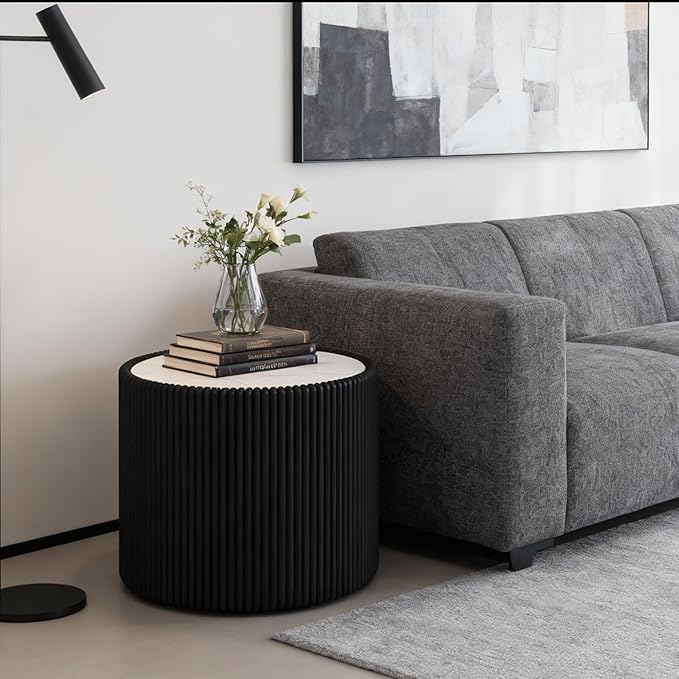 Marble Round Side Table, 17.71" Fluted End Table