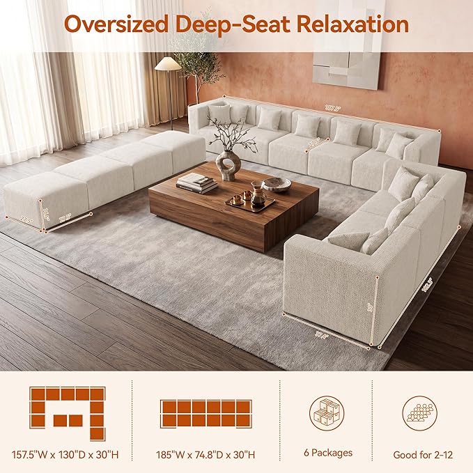 MONVANE Modular Sectional Sofa, Oversized 12 Seat Convertible U Shaped Couch