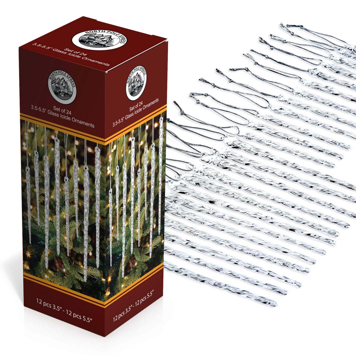 Twisted Clear Glass Icicle Christmas Ornaments for Christmas Trees - Set of 24 Icicles Christmas Tree Decorations - Christmas Tree Ornaments Crystal