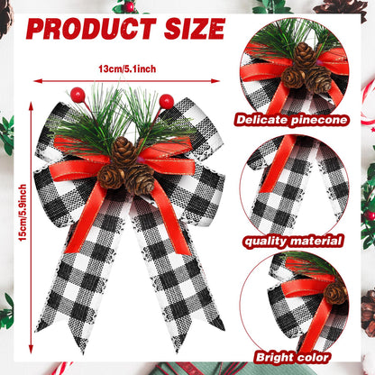 Syhood 6 Pcs Christmas Bows with Pine Cones Pine Needles Xmas Plaid Bows Black White Ribbon Christmas Tree Wreath Decoration for Xmas Parties Indoor Outdoor Crafts DIY Decor