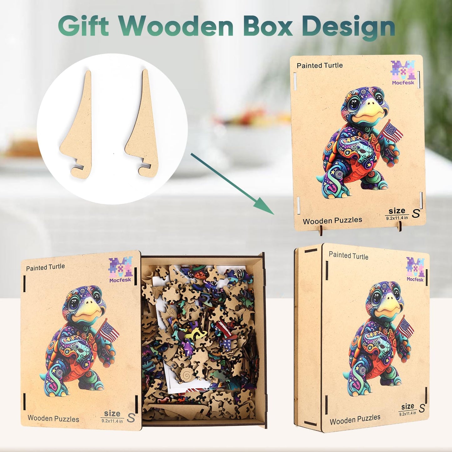 Mocfesk Sea Turtle Wooden Puzzles, Unique Shaped Ocean Jigsaw Puzzles for Kids and Adults, Animal Puzzles 205 Pieces with Wooden Gift Box, Family Game 11.4'' x 9.2''